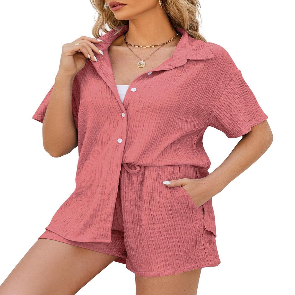 Flygo Women Two Piece Casual Outfits Y2K Loungewear Pleated Short Pants Button Down Shirt Streetwear Sets(Pink-L)