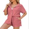 Flygo Women Two Piece Casual Outfits Y2K Loungewear Pleated Short Pants Button Down Shirt Streetwear Sets(Pink-L) view 1