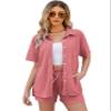 Flygo Women Two Piece Casual Outfits Y2K Loungewear Pleated Short Pants Button Down Shirt Streetwear Sets(Pink-L) view 2
