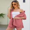 Flygo Women Two Piece Casual Outfits Y2K Loungewear Pleated Short Pants Button Down Shirt Streetwear Sets(Pink-L) view 4