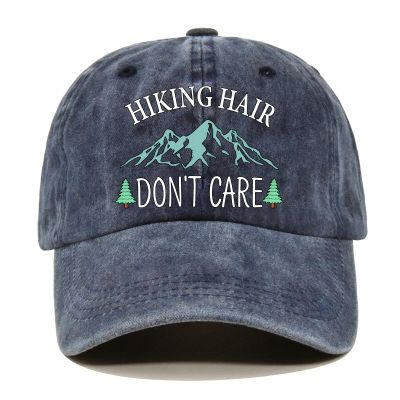 Pishovi Hiking Hair Don't Care Distressed Washed Blue Baseball Cap, Vintage Adjustable Cotton Cap, Retirement Gifts for Men and Women, Hiking Hats for Mom and Dad, Birthday Gifts for Camping Lovers