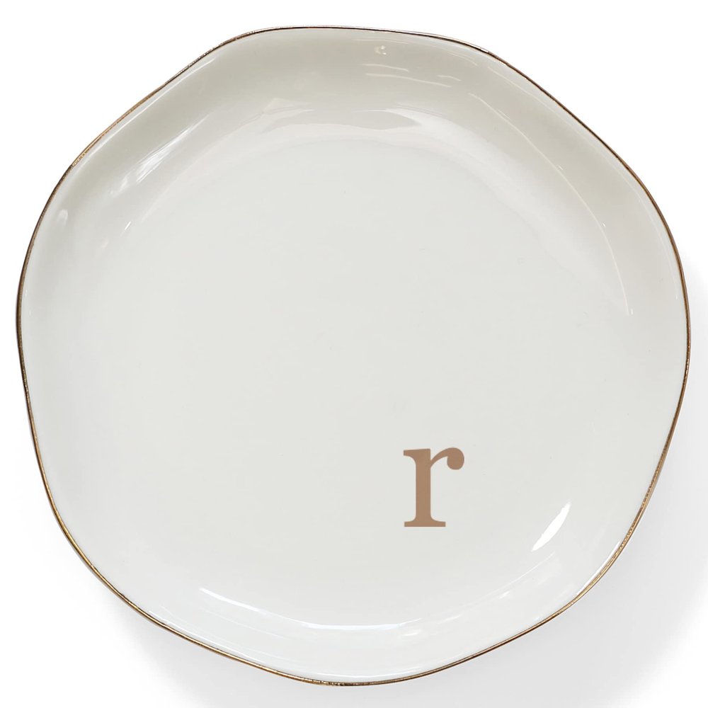 HOME SMILE Initials Ring Dish Jewery Tray with Personalized R-Monogrammed Engagement Wedding Gifts for Friends,Sister,Birthday Christmas Gifts for Women,Ceramic White