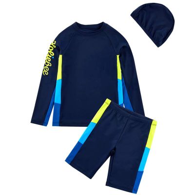Boys Long Sleeve Swimsuits UPF 50+ Sun Protection Rash Guard Sets Two Piece Kids Summer Swimwear Bathing Suit with Hat Dark Blue