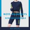 Boys Long Sleeve Swimsuits UPF 50+ Sun Protection Rash Guard Sets Two Piece Kids Summer Swimwear Bathing Suit with Hat Dark Blue view 4
