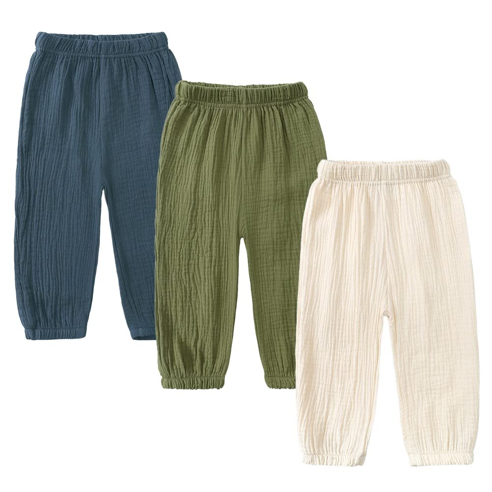 MYGBCPJS Baby Boys Girls 3 Pack Cotton Linen Trousers Toddler Casual Long Bloomers Ankle Length Harem Pants Jogger Leggings