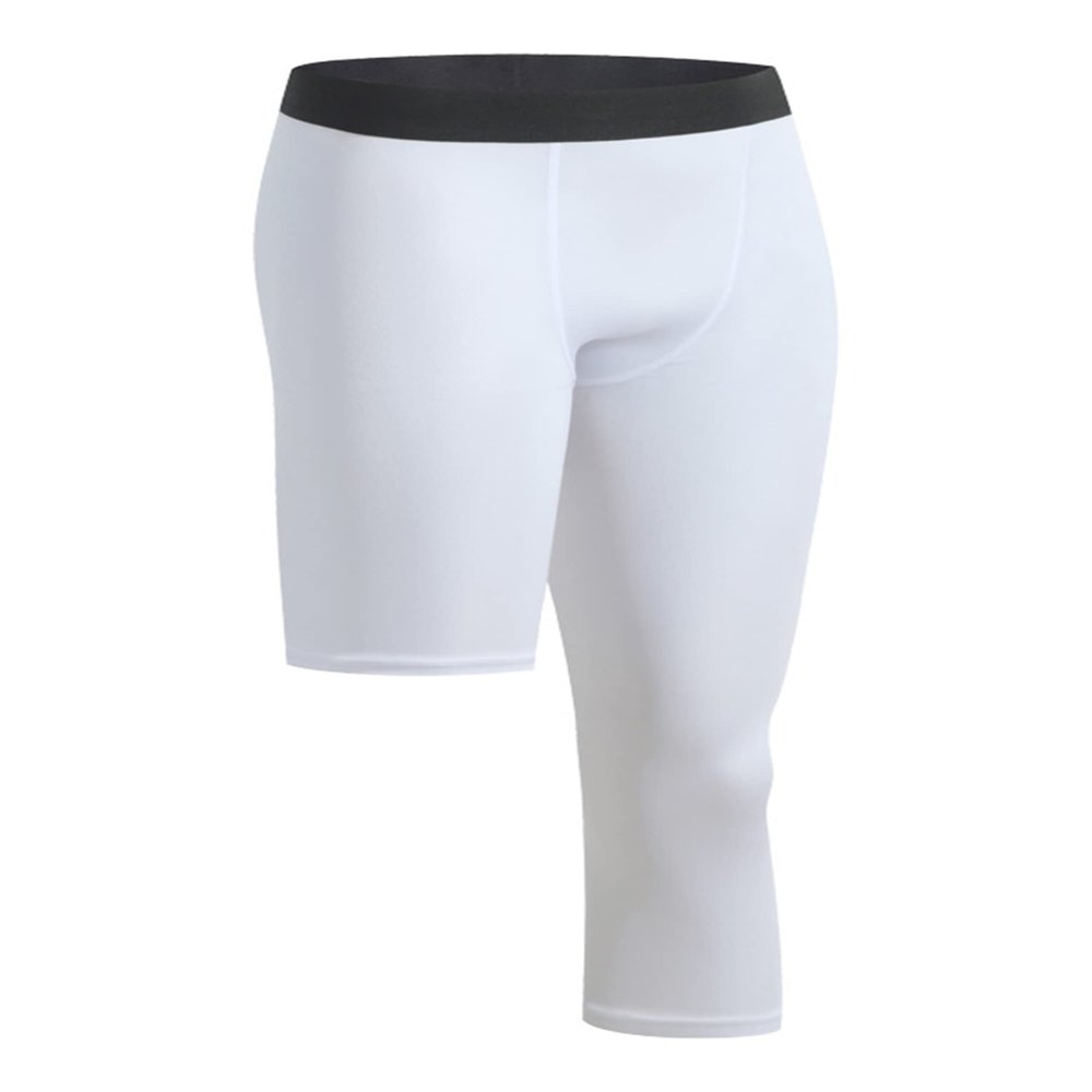 Hansber Men's Basketball Compression Pants One Leg 3/4 Capri Tights Leggings Gym Running Athletic Base Layer White Medium