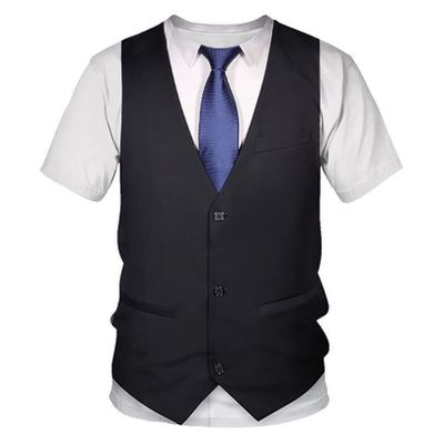 renvena Mens 3D Printed Vest & Tie Tuxedo T Shirt Round Neck Short Sleeve Tux Shirt Black 4XL