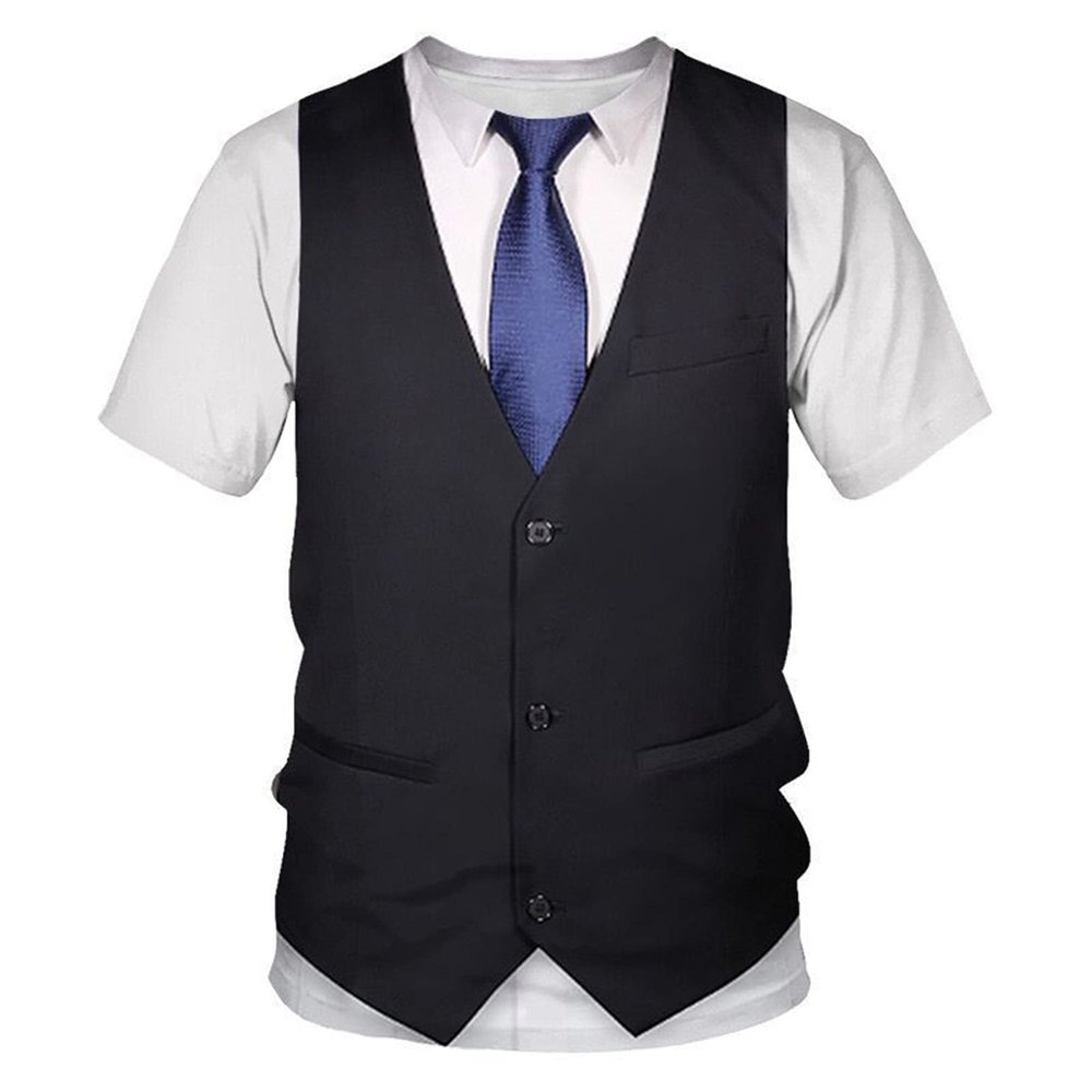 renvena Mens 3D Printed Vest & Tie Tuxedo T Shirt Round Neck Short Sleeve Tux Shirt Black 4XL