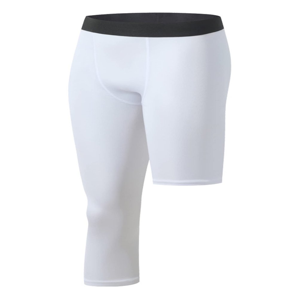 Hansber Men's Basketball Compression Pants One Leg 3/4 Capri Tights Leggings Gym Running Athletic Base Layer White#l Medium