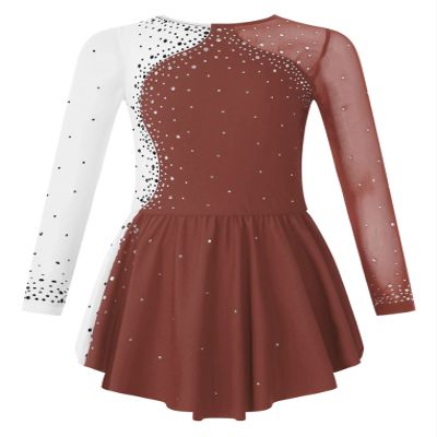 Oyolan Kids Girls Rhinestone Ice Skating Dress Mesh Splice Long Sleeve Leotards Skirted Junior Figure Skating Costume Reddish Brown A 14 Years