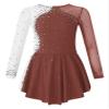 Oyolan Kids Girls Rhinestone Ice Skating Dress Mesh Splice Long Sleeve Leotards Skirted Junior Figure Skating Costume Reddish Brown A 14 Years view 1