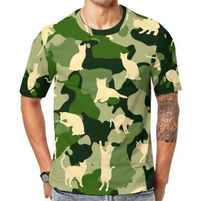 Green Camouflage Cats Men's T-Shirt Short Sleeve Crewneck Shirt Casual Workout Tee Top 5XL
