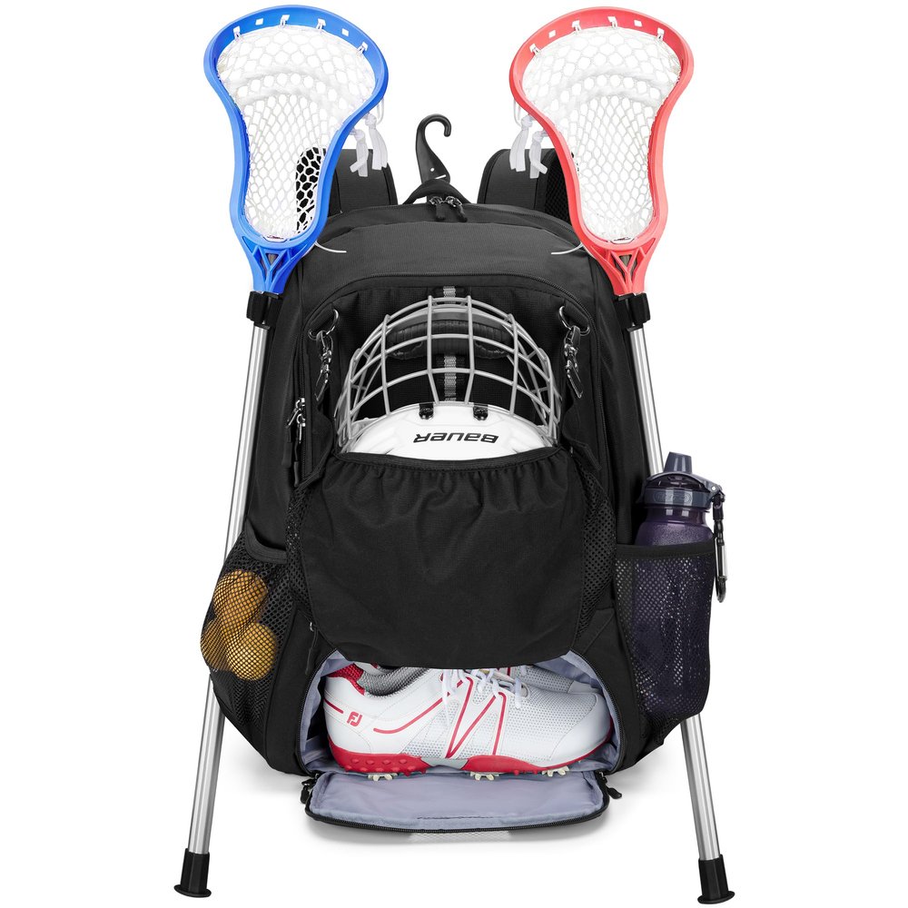 GOBUROS Lacrosse Equipment Backpack with Stick Holder & Hidden Zipper Net