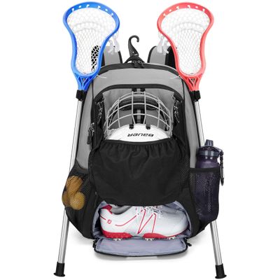 GOBUROS Lacrosse Bag, Lacrosse Equipment Backpack with Stick Holder and Hidden Zipper Net Holds All Lacrosse or Field Hockey Gears, Separate Ventilated Shoe Space Hold Up to US Mens 13, Gray