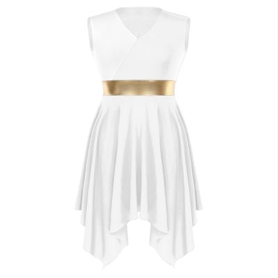 Vxuxlje Women's Liturgical Praise Dance Dress Color Block Irregular Hem Lyrical Worship Dancewear White Medium