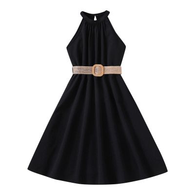 Children Dress Solid Color Hanging Neck Waist Collection Dress Princess Dress Fashion Outwear Girls (Black, 9-10 Years)
