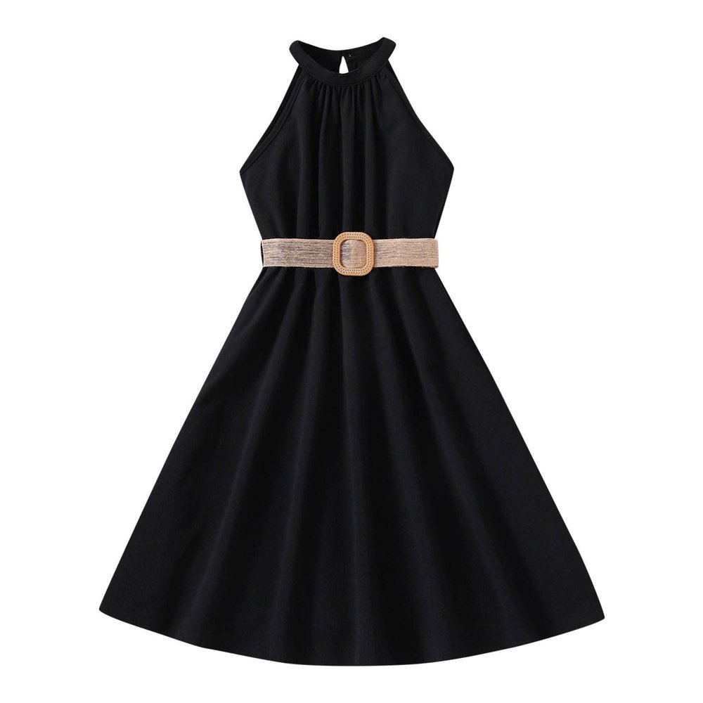 Children Dress Solid Color Hanging Neck Waist Collection Dress Princess Dress Fashion Outwear Girls (Black, 9-10 Years)