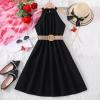 Children Dress Solid Color Hanging Neck Waist Collection Dress Princess Dress Fashion Outwear Girls (Black, 9-10 Years) view 2