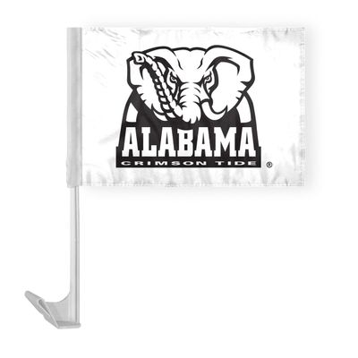AGAS Alabama University Big Al White Car Flags - 7.5x10.5 inch Double-Layered Printed Polyester Fabric - 13" Flexible Plastic Pole for Attaching to Vehicle Window - Officially Licensed Alabama University Car Flags