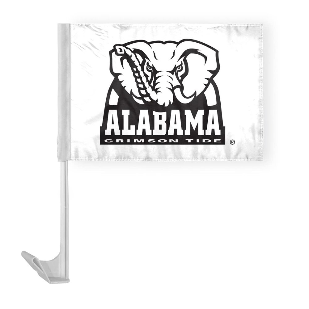 AGAS Alabama University Big Al White Car Flags - 7.5x10.5 inch Double-Layered Printed Polyester Fabric - 13" Flexible Plastic Pole for Attaching to Vehicle Window - Officially Licensed Alabama University Car Flags