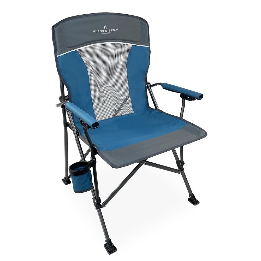 Black Sierra Camping Chair Folding Portable Lawn & Beach Chair with Padded Hard Armrest, Mesh Vented Back, Spacious, Cup Holder, Carry Bag Supports 300 lbs for Sports