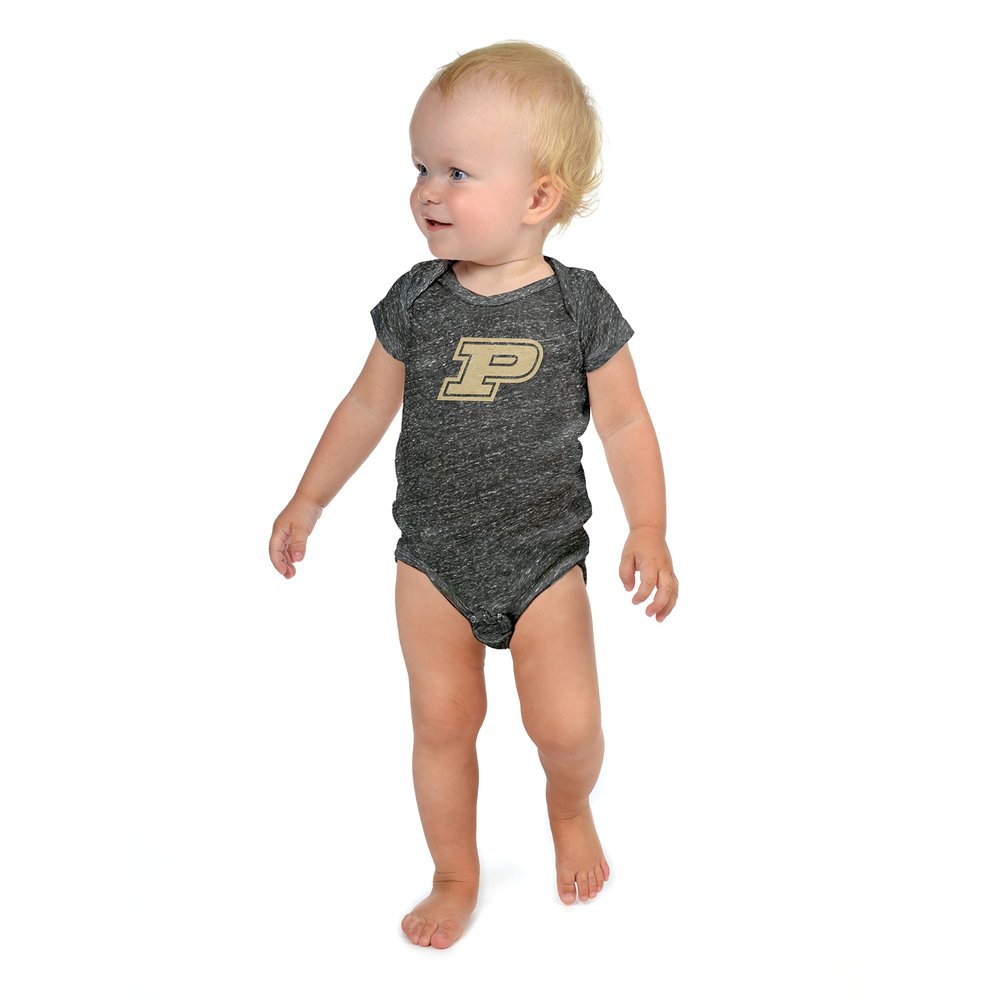 Little King NCAA Knobby Short Sleeve Romper Bodysuit-Big Logo-Purdue-Heathered Black-0-3 Months