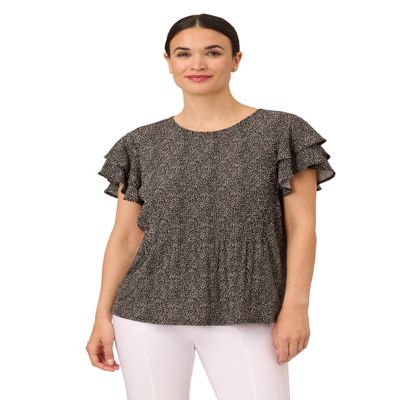 Adrianna Papell Diffusion Women's Pleated Knit Double Sleeve Top, Black Painted Dots, S