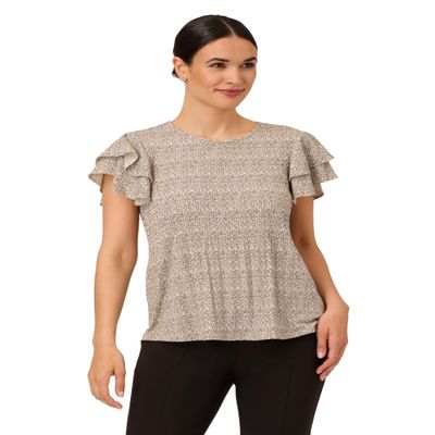 Adrianna Papell Diffusion Women's Pleated Knit Double Sleeve Top, Ivory Blooming Dot, L