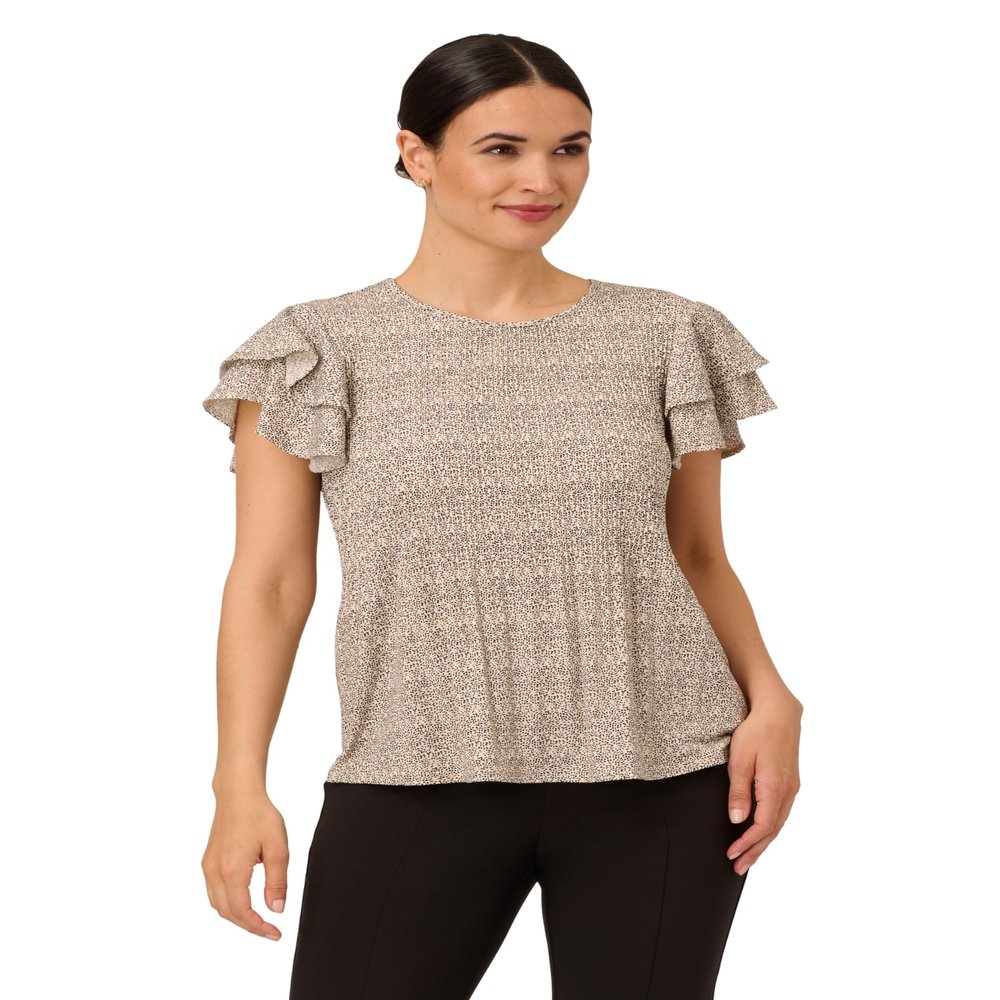 Adrianna Papell Diffusion Women's Pleated Knit Double Sleeve Top, Ivory Blooming Dot, L