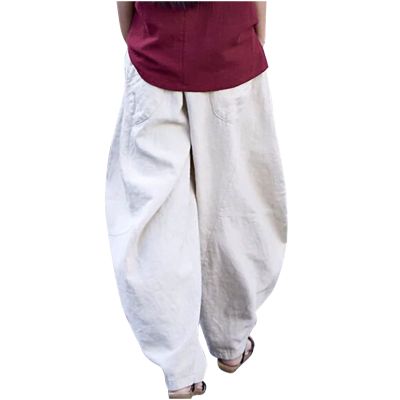 Uillui Women's Cotton Linen Baggy Drawstring Pants Loose Comfy Wide Leg Pants Loungewear Casual Elastic Waist Hippie Trouser White