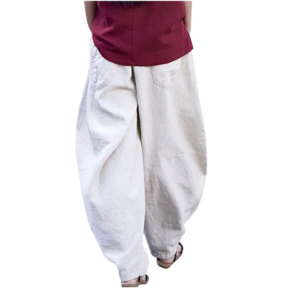Uillui Women's Cotton Linen Baggy Drawstring Pants Loose Comfy Wide Leg Pants Loungewear Casual Elastic Waist Hippie Trouser White