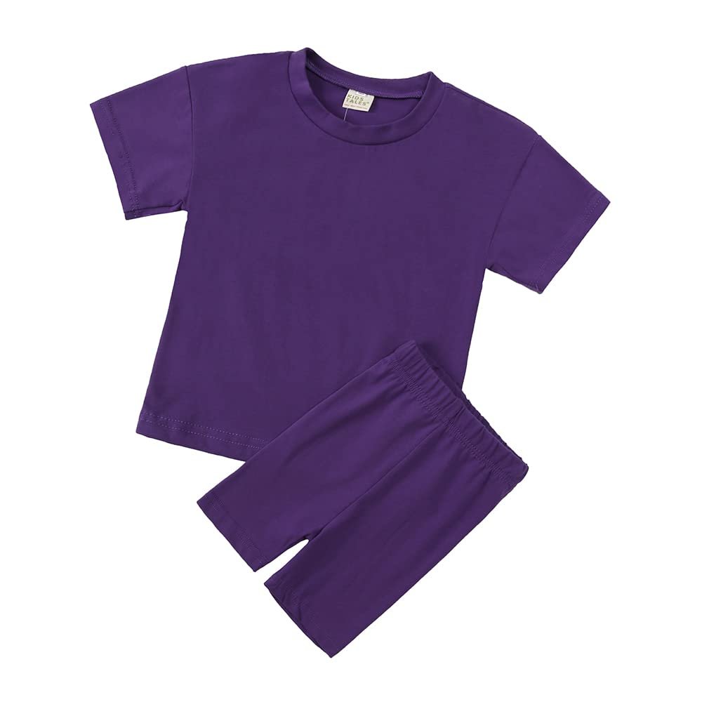 Kids Tales Teen Summer Outfits Set Boys Girls Drop Shoulder Tee Tops Athletic Shorts Round Neck Solid T-shirt+ Biker Shorts
