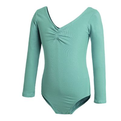 Dressnu Children's Dance Clothes Short-Sleeved Ballet Clothes Dance one-Piece Bean Green Long Sleeved+Open Crotch 130CM