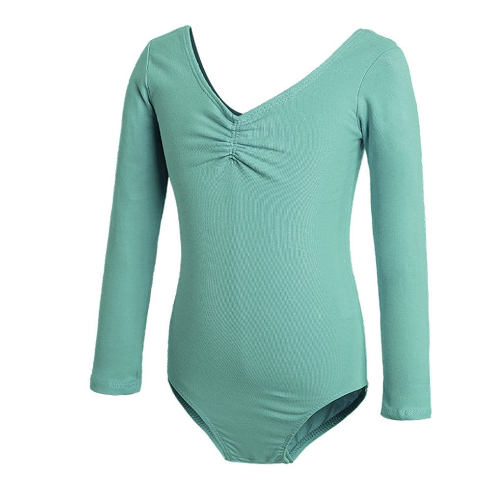 Dressnu Children's Dance Clothes Short-Sleeved Ballet Clothes Dance one-Piece Bean Green Long Sleeved+Open Crotch 130CM