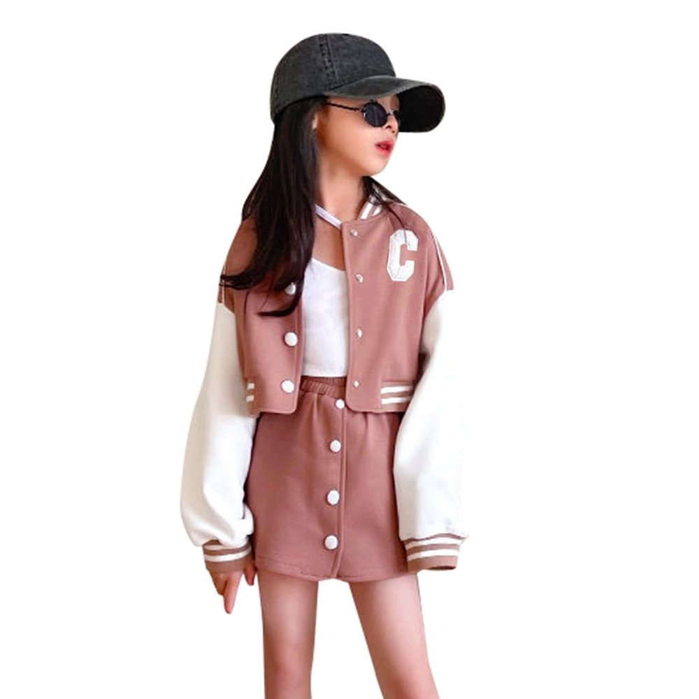 Children Kids Toddler Girls Long Sleeve Patchwork Baseball Coat Jacket Outer Patchwork Skirt Outfit Child's Ball Gown (Khaki, 7-9 Years)