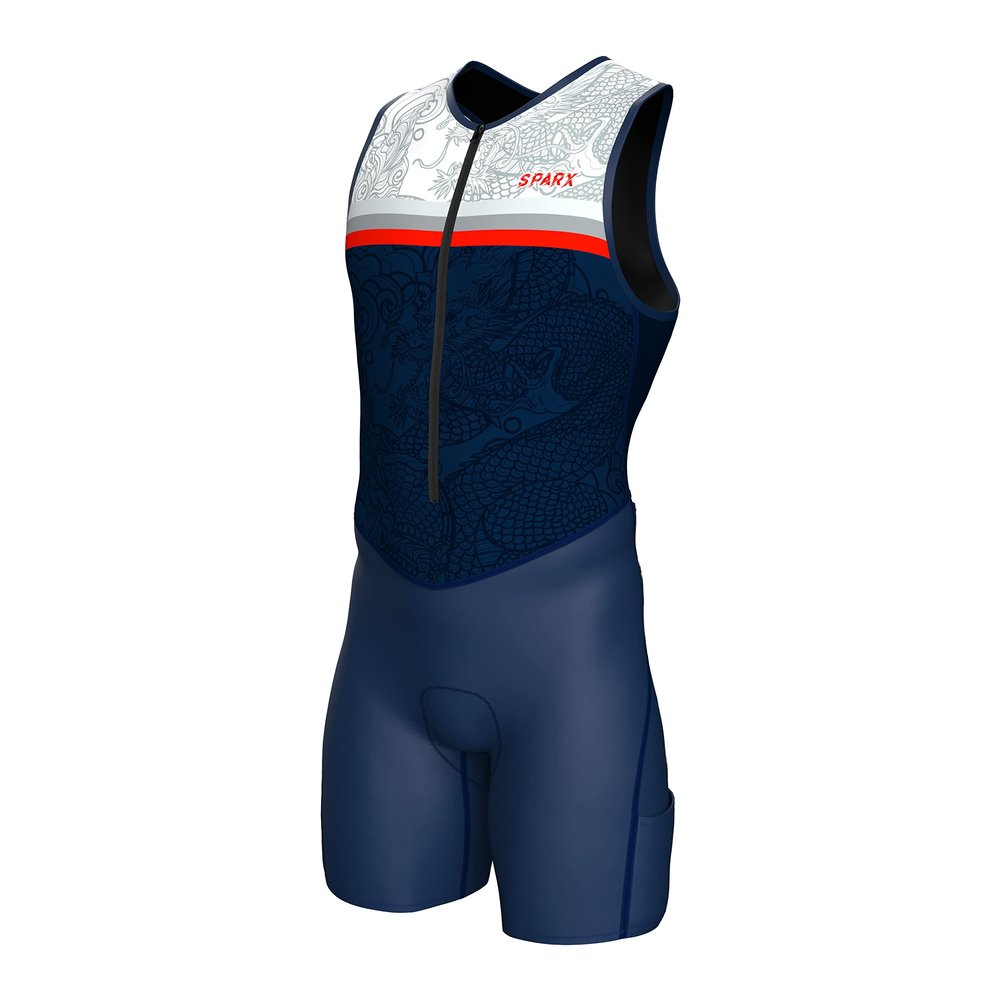 Sparx Men's Premium Triathlon Suit Padded, Quick-Dry, Compression Fit, Lightweight Tri Suit for Swim, Bike, Run Race & Training (2XL, Navy Dragon)