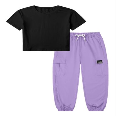 Betusline Short Sleeve Black Crop Tops for Girls + Purple Cargo Jogger Pants Outfits 2pcs Clothes Set, Cute Clothes for Teen Girls, 9-10 Years = Tag 150