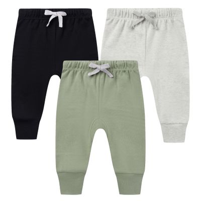 HAJAKADAS-Y Boys Girls 3-Pack Cotton Pull-On Baby Unisex Pants, Solid Color Leggings Pants(Black/Sage/Grey Melange, Newborn)
