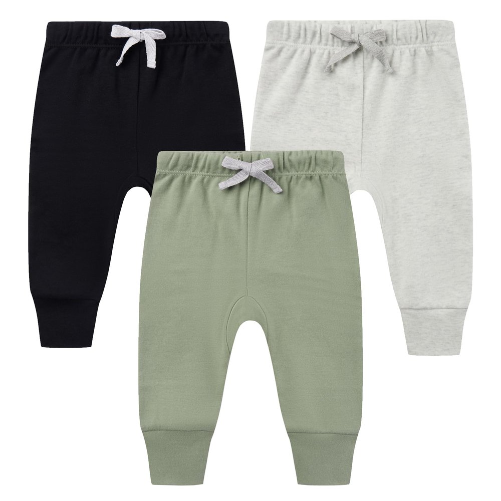 HAJAKADAS-Y Boys Girls 3-Pack Cotton Pull-On Baby Unisex Pants, Solid Color Leggings Pants(Black/Sage/Grey Melange, Newborn)