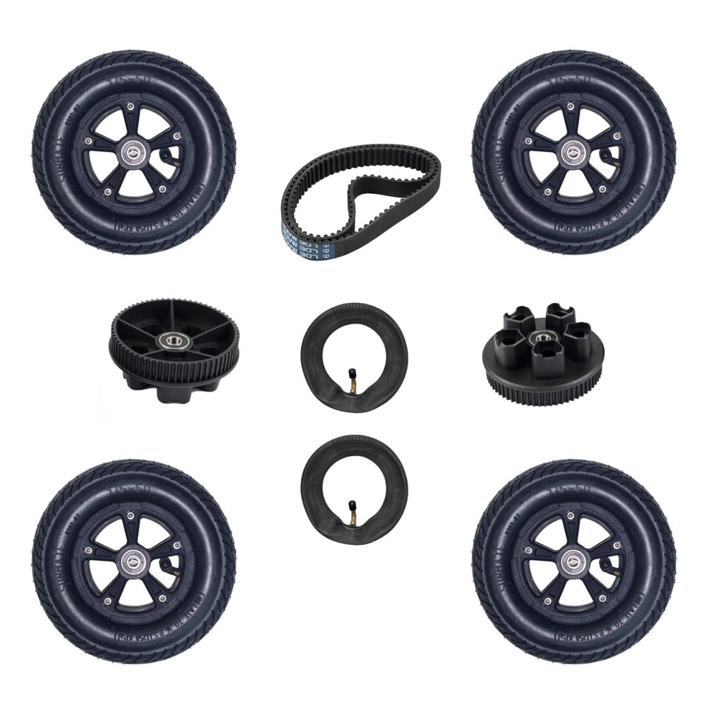 175mm Off-Road Pneumatic Electric Skateboard Wheels Kit - 4 Wheels, 2 Pulleys (66T), 2 Belts (360-5M), 2 Extra Tubes, Standard Skateboard Bearing Diameter 8mm, Fits 2in1 Electric Longboards