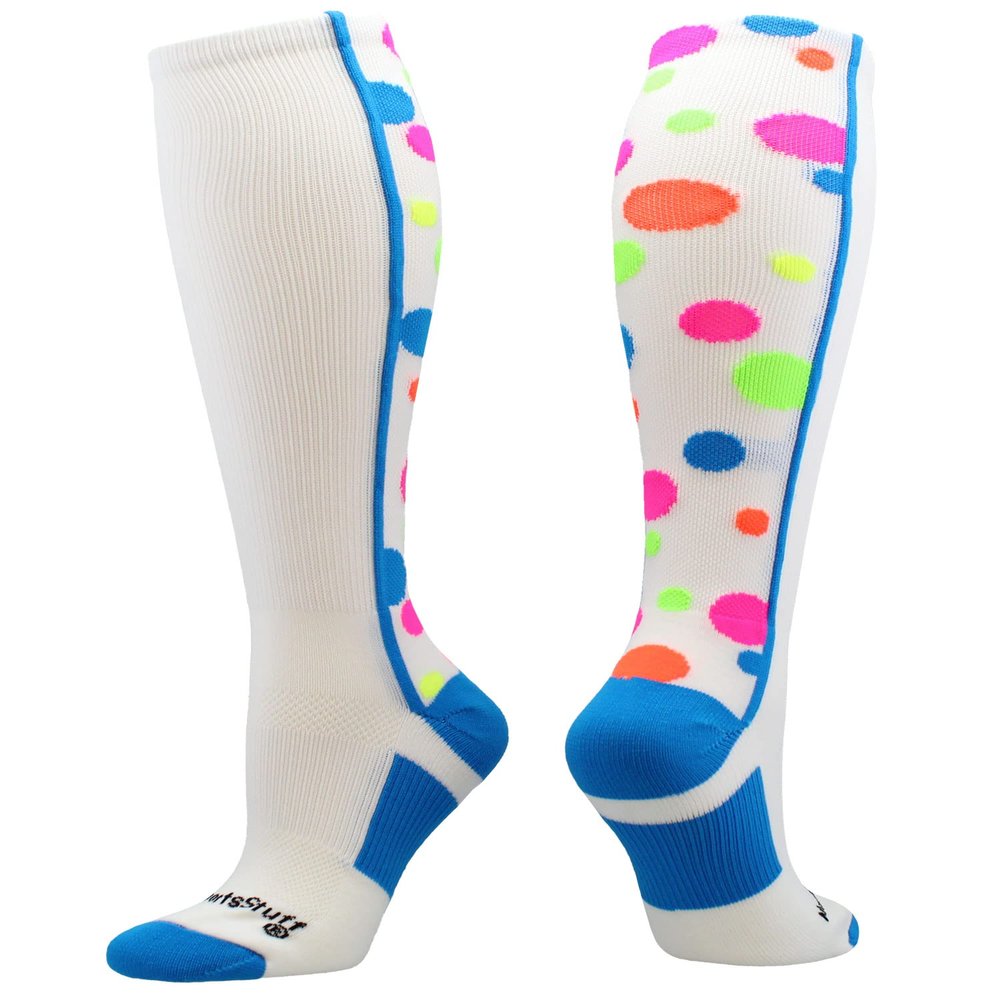 MadSportsStuff Crazy Dots Over the Calf Socks (White/Multi-Neon, Medium)
