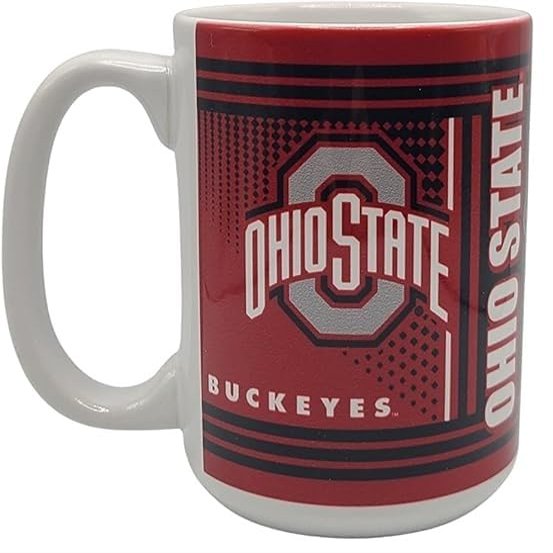 Boelter Brands Licensed NCAA Coffee Cup, 360 Degree Wrap Design, Featuring College Logo and Mascot Hero, Sublimated Mug, White 15oz (Ohio State Buckeyes)