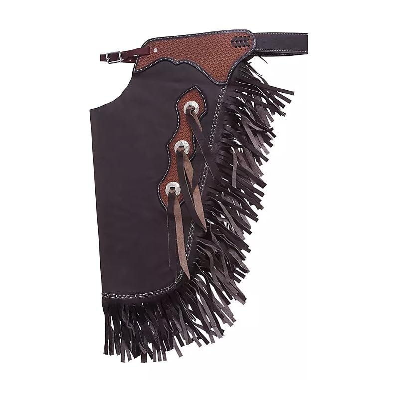 Custom Made Leather Western Chinks Chaps for Men Women Kids Basket Weave Handmade Tooled Bull Trail Riding Brown (Small)