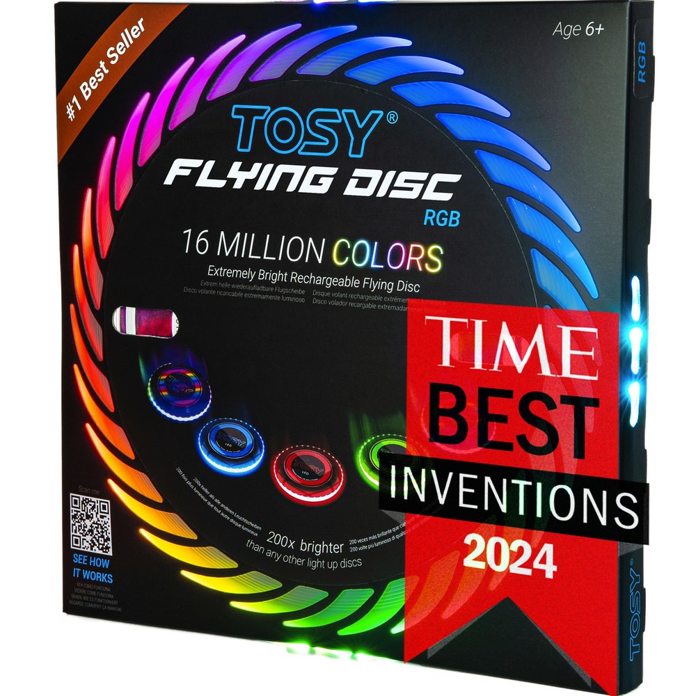 TOSY Flying Disc - 108 RGB Multicolor LEDs, Super Bright, Smart Modes, Cool Valentine Easter Gift, Camping Toy for Kid/Teen/Adult, Auto Light Up, Rechargeable, Waterproof, 175g