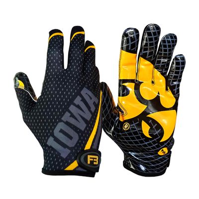 Scale Wear Design University of Iowa Hawkeyes Football Gloves with Super Stick-Tach Silicone Grip Palms. Men's & Youth Boys Sticky Football Receiver Gloves (Black, Youth-S)