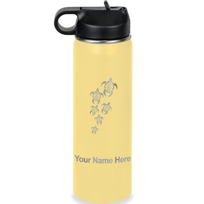 LaserGram Personalized Water Bottle, Sea Turtle Family, Stainless Steel Double Wall Vacuum Insulated with Flip Top Straw, Custom Engraved Gift (20oz / 590ml Yellow)