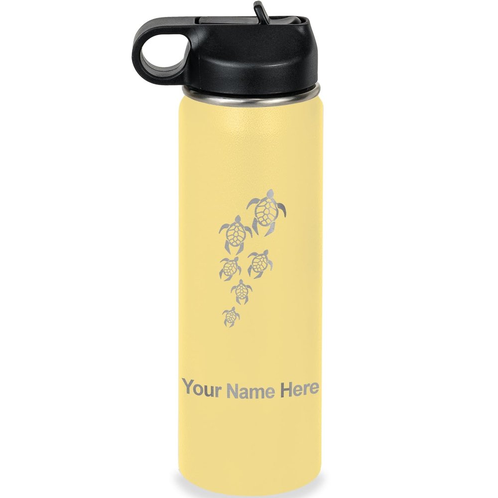 LaserGram Personalized Water Bottle, Sea Turtle Family, Stainless Steel Double Wall Vacuum Insulated with Flip Top Straw, Custom Engraved Gift (20oz / 590ml Yellow)