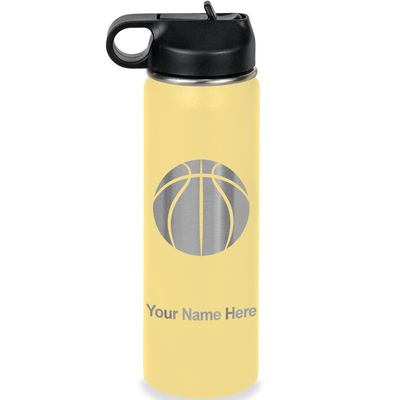 LaserGram Personalized Water Bottle, Basketball Ball, Stainless Steel Double Wall Vacuum Insulated with Flip Top Straw, Custom Engraved Gift (20oz / 590ml Yellow)
