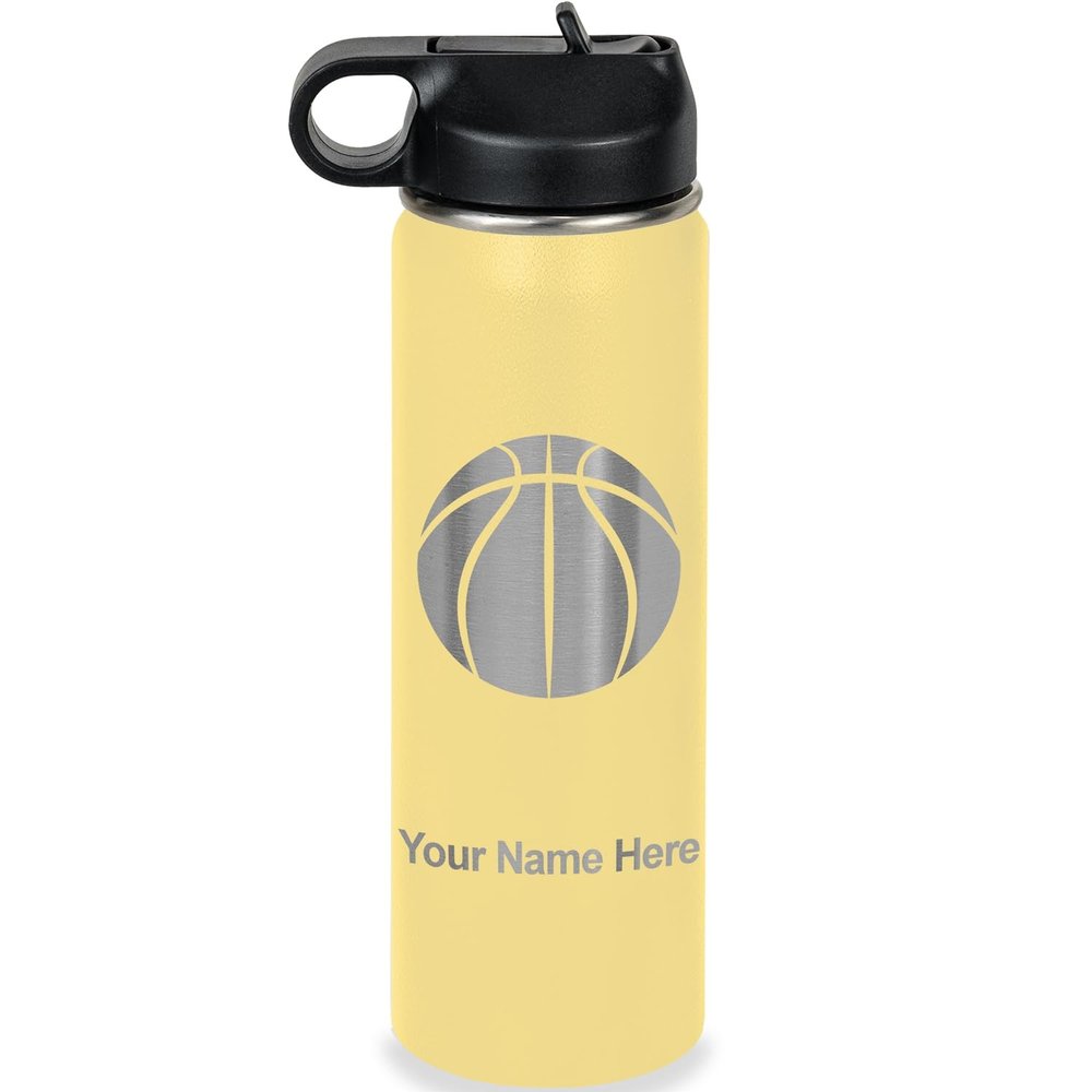 LaserGram Personalized Water Bottle, Basketball Ball, Stainless Steel Double Wall Vacuum Insulated with Flip Top Straw, Custom Engraved Gift (20oz / 590ml Yellow)