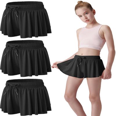 3 Pack Girls Flowy Shorts with Spandex Liner 2-in-1 Youth Butterfly Skirts for Fitness, Running, Sports (Set 8, Youth X-Small)